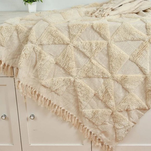 Triangle square throw tassles, cotton, off-white, 60x50 inches - Picture 2 of 7